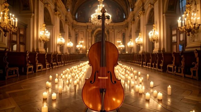 Cello in a grand hall illuminated with candlelight, creating a warm and elegant atmosphere for a classical music performance.