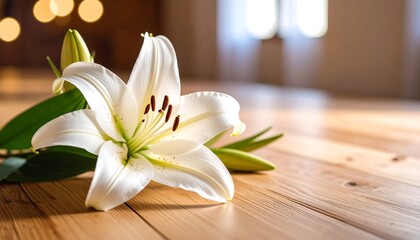 Fototapeta premium White lily on wooden table