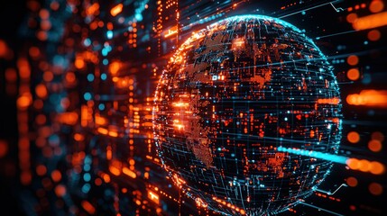 Digital globe, data stream, glowing lines