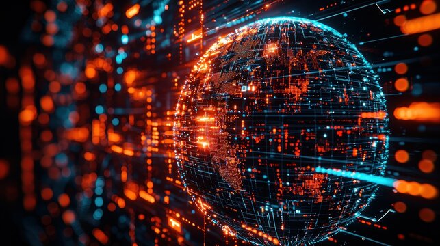 Digital globe, data stream, glowing lines