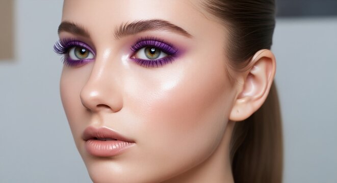 Woman with purple eyeshadow makeup portrait on gray background. Studio beauty shot. Eye makeup and cosmetics concept. Image for banner, poster, wallpaper and advertisement - Powered by Adobe