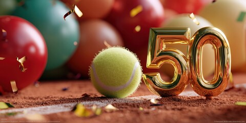 Tennisball neben goldener 50 auf Tennisplatz, umgeben von Luftballons