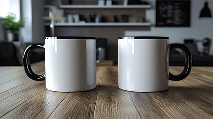 Two white mugs on a wooden table in a blurry and cozy environment. Use it as a mug mockup for your design in an easy way.