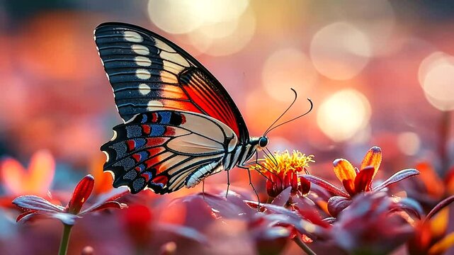 Beautiful butterfly drinking nectar from a flower with dreamy bokeh background in soft light