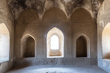 Fototapeta premium A photo of the inside of an ancient cathedral, a single window in front and three arched doorways on each side