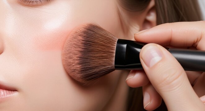 Fototapeta Makeup brush applying powder on cheek. Macro beauty close up. Cosmetics application concept. Image for banner, poster, wallpaper and advertisement