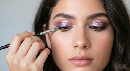 Woman applying glitter eyeshadow with brush on gray background. Studio portrait. Eye makeup and cosmetics concept. Image for banner, poster, wallpaper and advertisement