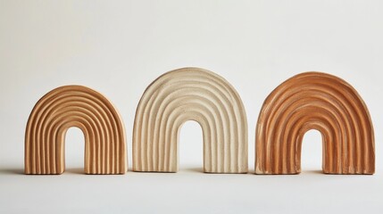 Fototapeta premium 29.A trio of minimalist art pieces in warm terracotta and sandy beige, combining abstract forms of the sun, arcs resembling rainbows, and organic shapes of handcrafted pottery.