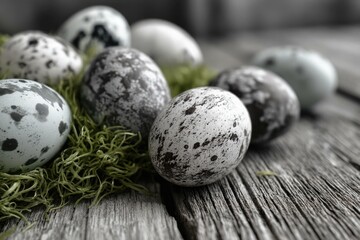 Obraz premium Monochrome tone eggs on distressed wood, light green turf