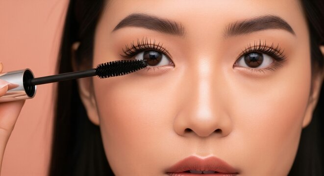 Asian woman applying mascara on peach background. Studio portrait. Eye makeup and cosmetics concept. Image for banner, poster, wallpaper and advertisement