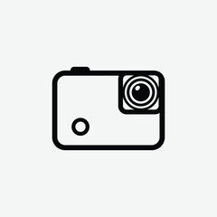 Simple black and white icon of an action camera in bold lines, featuring lens, display, and button. Perfect for tech, photography, or gadget-related designs.