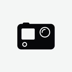 Simple black and white icon of an action camera in bold lines, featuring lens, display, and button. Perfect for tech, photography, or gadget-related designs.