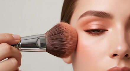 Makeup brush applying powder on cheek. Macro beauty close up. Cosmetics application concept. Image for banner, poster, wallpaper and advertisement