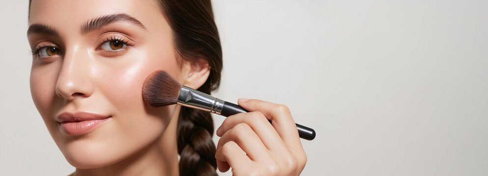 Woman applying makeup with powder brush on white background. Studio portrait. Beauty and cosmetics concept. Image for banner, poster with copy space and advertisement