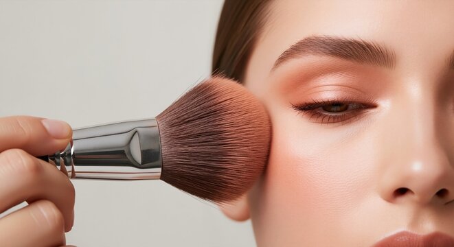 Makeup brush applying powder on cheek. Macro beauty close up. Cosmetics application concept. Image for banner, poster, wallpaper and advertisement - Powered by Adobe
