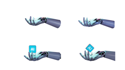  Robotic hands holding ai icons isolated on white background
