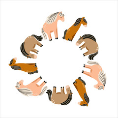 Cute vector illustration of cartoon horses arranged in a round frame. Isolated on a white background. Perfect for children's designs, prints, stickers, cards and nursery decor.