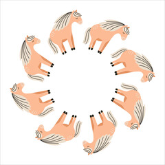 Cute vector illustration of cartoon horses arranged in a round frame. Isolated on a white background. Perfect for children's designs, prints, stickers, cards and nursery decor.
