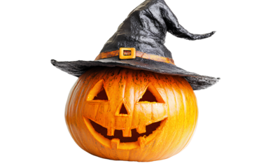  Halloween pumpkin with witch hat, isolated on a white background. Detailed photograph, taken in natural light with soft shadows and no contrast