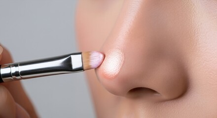 Highlighter brush applying shimmer product on nose. Macro beauty close up. Makeup application and cosmetics concept. Image for banner, poster, wallpaper and advertisement