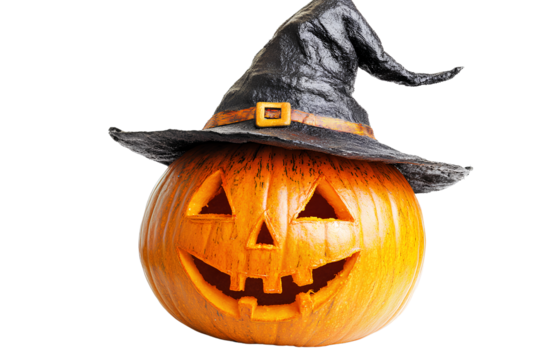  Halloween pumpkin with witch hat, isolated on a white background. Detailed photograph, taken in natural light with soft shadows and no contrast