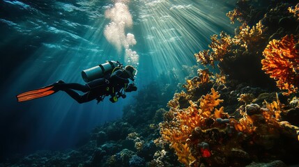 Scuba Diver Explores Coral Reef with Sunlight Beams Underwater, Orange Fins