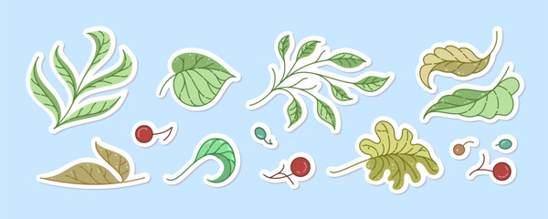 Hand-drawn leaf and berry stickers autumn botanical vector set for bullet journals and digital planners