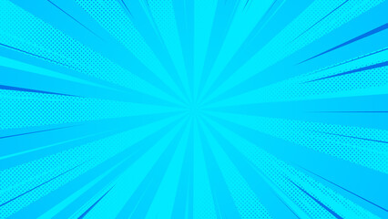 comic zoom lines with halftone dots on blue background, abstract background with rays, empty design element	