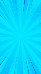 comic zoom lines with halftone dots on blue background, abstract background with rays, empty vertical social media design element	