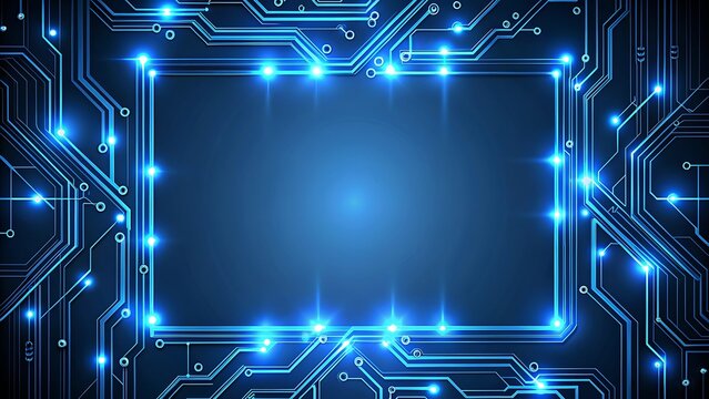 Glowing blue circuit board in futuristic design representing artificial intelligence, high-tech digital hardware, and smart processing.