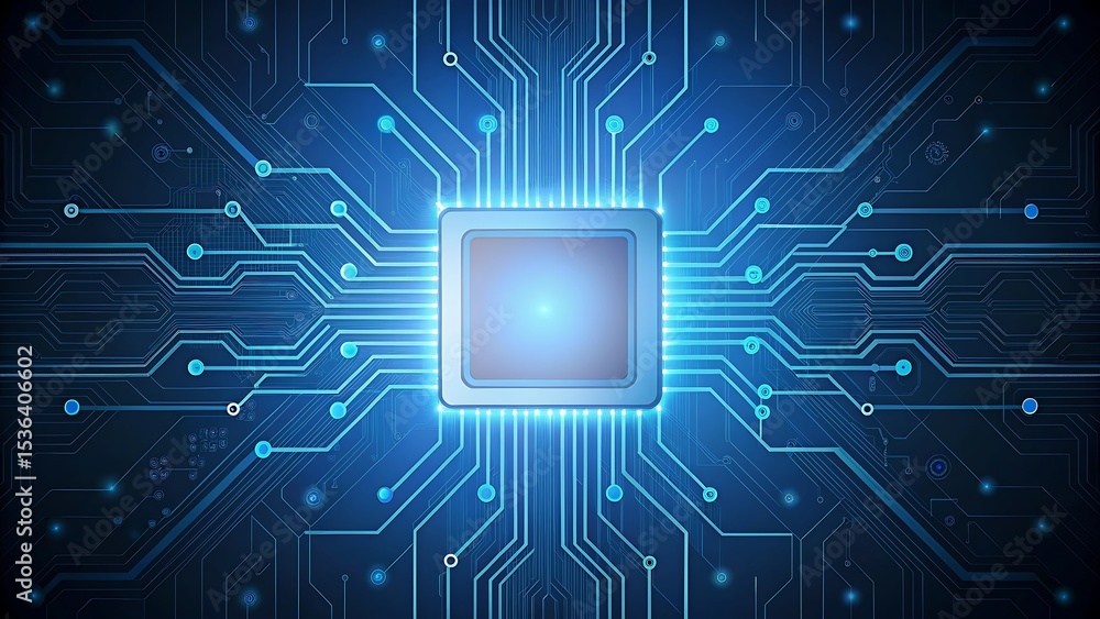 Poster digital microchip illustration with glowing blue light symbolizing ai processors, machine learning, 