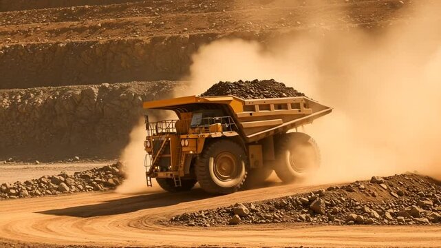 Large dump truck transporting materials in dusty quarry