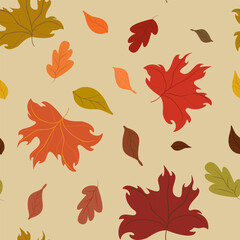 Fototapeta premium Seamless pattern of scattered autumn leaves in warm fall colors (red, orange, yellow, brown, olive green) on a light beige background. Ideal for cozy seasonal designs and fabrics.