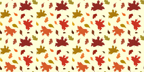 Bright seamless vector pattern of autumn leaves in warm fall colors on a light cream background. Ideal for seasonal designs, fabrics, wrapping paper.