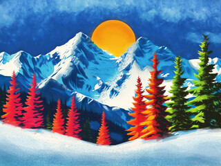 Landscape with sun, snowy mountains, fir trees. The sun goes behind the icy mountains.