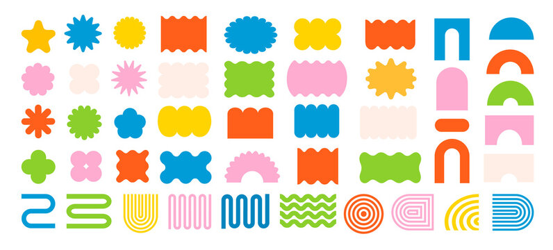 Abstract geometric shapes and icons. Colorful groovy brutal figures. Modern Swiss design aesthetic.