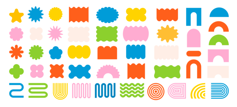 Abstract geometric shapes and icons. Colorful groovy brutal figures. Modern Swiss design aesthetic.