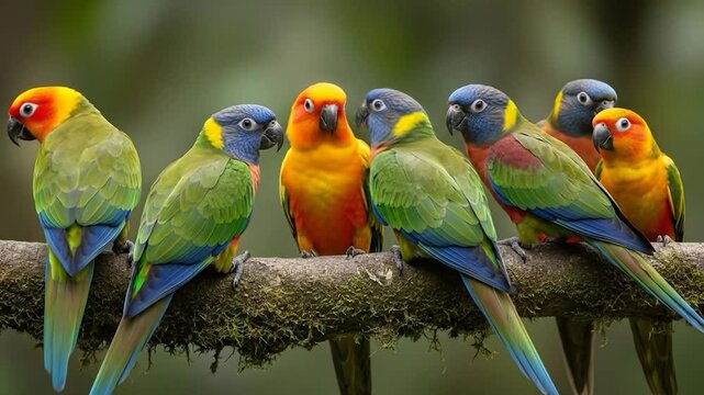 Vibrant Parrots Perched on Branch, Showcasing Colorful Plumage and Natural Beauty