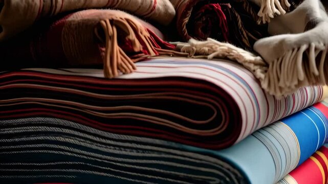 Assortment of folded and rolled cozy blankets with stripes, plaid and fringe, stacked indoors, creates inviting atmosphere.