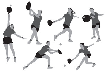 A collection of isolated vector silhouette action poses of women playing padel and hitting the ball