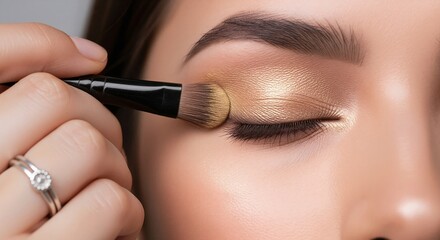 Hand applying golden eyeshadow with brush on closed eye showing makeup technique. Close up macro image. Beauty tutorial and cosmetics concept. Image for instruction, banner and beauty education