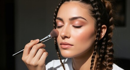 Obraz premium Woman with braided hair applying makeup with brush to face. Portrait showing contouring technique. Beauty routine and cosmetics application concept. Image for tutorial, poster and salon content