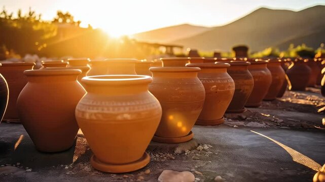 Rows of terracotta pottery vessels sit outside bathed in golden sunlight against a mountain landscape, awaiting sale.