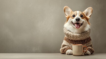 Corgi dog in a cozy sweater enjoying a warm cup of tea on a chilly day inside a cozy room