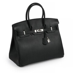 Luxurious Black Leather Handbag in Birkin Style on White Background