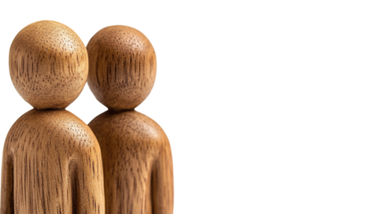 Two wooden human figures standing and isolated on transparent background. PNG