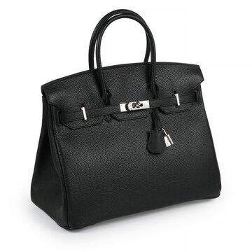 Luxurious Black Leather Handbag in Birkin Style on White Background