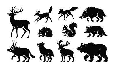 silhouette collection of deer, fox, boar, bear, wolf, hedgehog, squirrel, raccoon in dynamic forest wildlife poses isolated on white