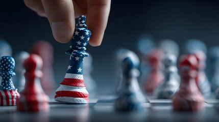 Naklejka premium Patriotic chess move A hand selects a pawn piece with American flag design