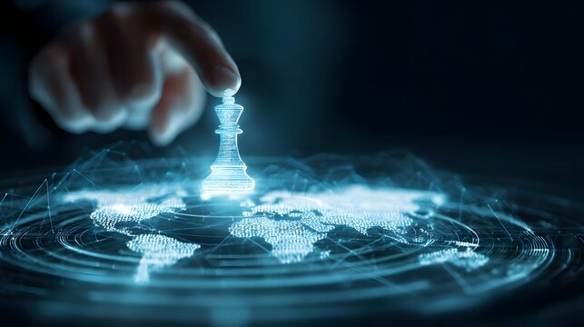 Business leader interacting with futuristic global strategy interface